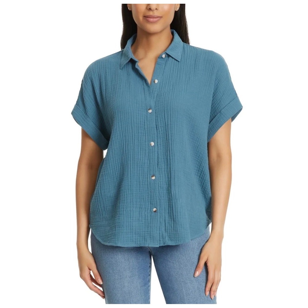 Jessica Simpson Womens •XL• Blue Gauze Button Down Shirt Coastal Grandmother